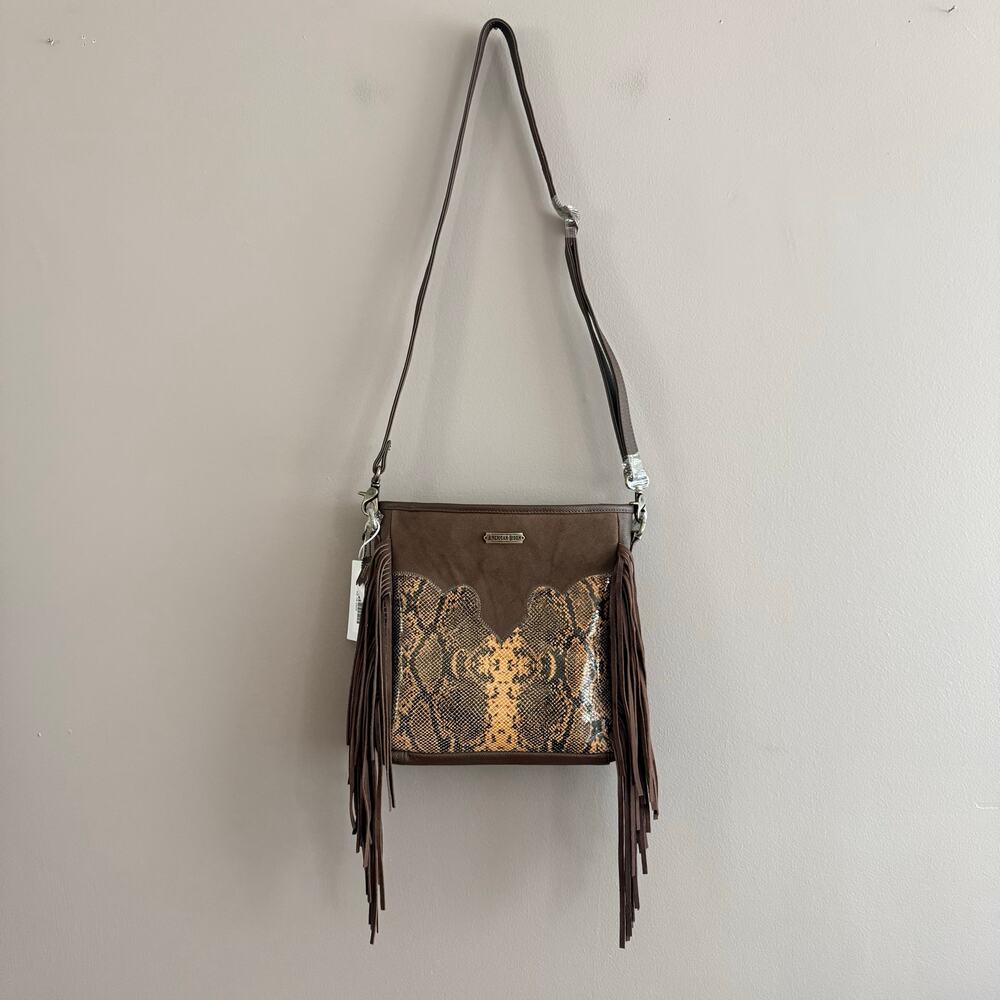 American Bison Crossbody Bag Brown Fringe Snake Print Western Boho NWT